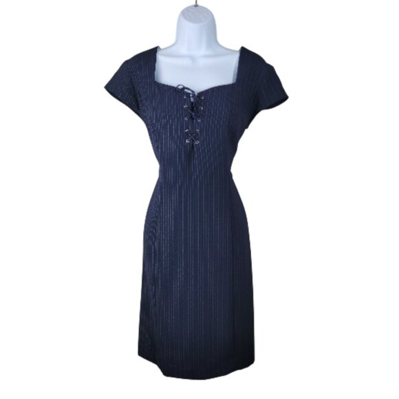 Vintage Sheath Suit Dress Size 8 Alt party Lace Up Navy Pin Stripe Career Goth - Picture 2 of 5